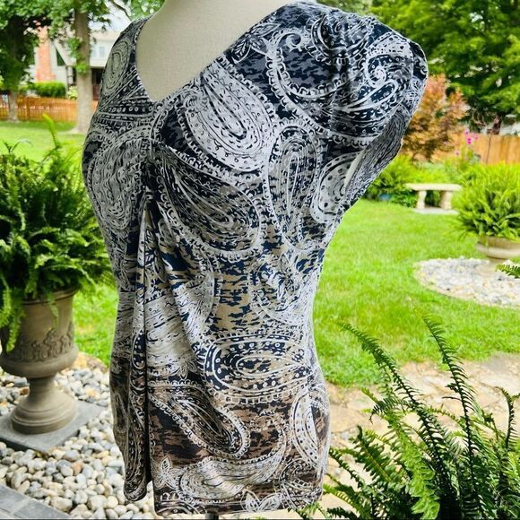Liz Claiborne Paisley Print Navy Tan & White V-Neck-Line Top Size large - Picture 4 of 7